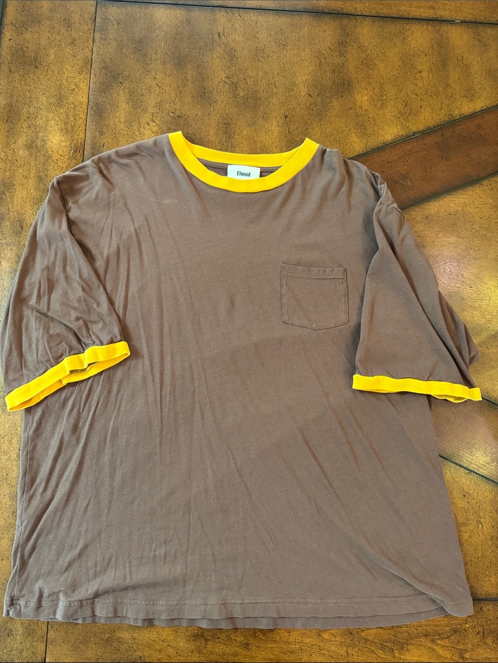 Brown Short-Sleeve Pocket Ringer Tee with Yellow Trim